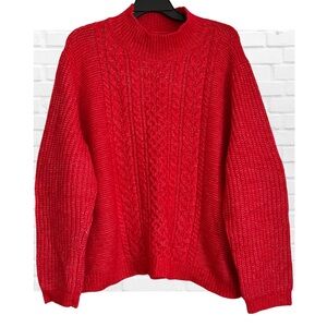 LOFT Plus Cable Knit Mock Neck Sweater Pullover Oversize Sz 24/26 Red​ Fisherman